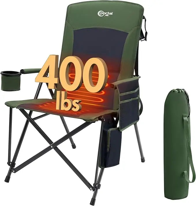 Heated Camping Chairs for Adults Outdoor Sports Folding Lawn Chair with High Back, Heavy Duty 400 Lbs, Battery Not Included