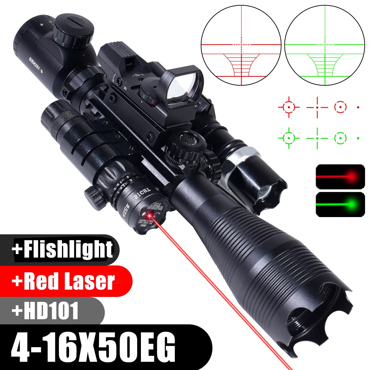 4-16X50EG Optics Rifle Scopes Adjustable Optic Combo Scope W/Red Dot Laser Flashlight Tactical Accessory Sniper Rifle Sight