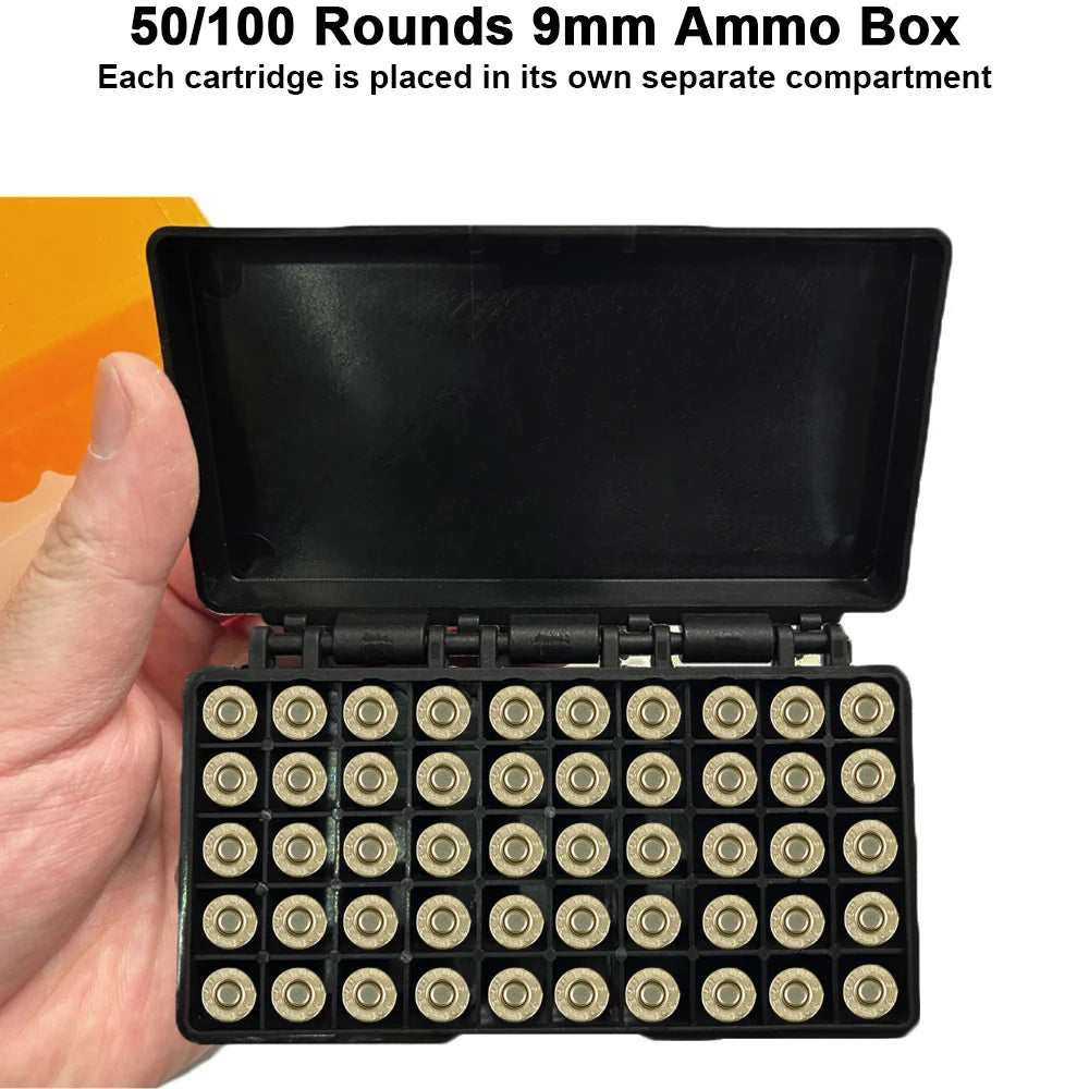 50/100 Rounds Tactical Bullet Box for 9mm Pistol Rifle Ammo Carry Storage Box Flip-Top Bullets Case Hunting Accessory