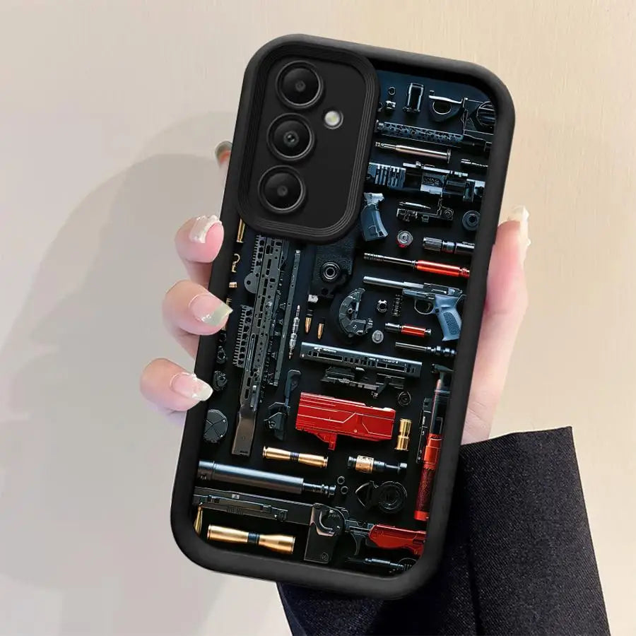 Phone Case for Samsung Galaxy A16 A34 A12 A14 A32 A23 A26 A56 A15 A51 A73 A53 A54 Soft Cover Shell Gun Arsenal