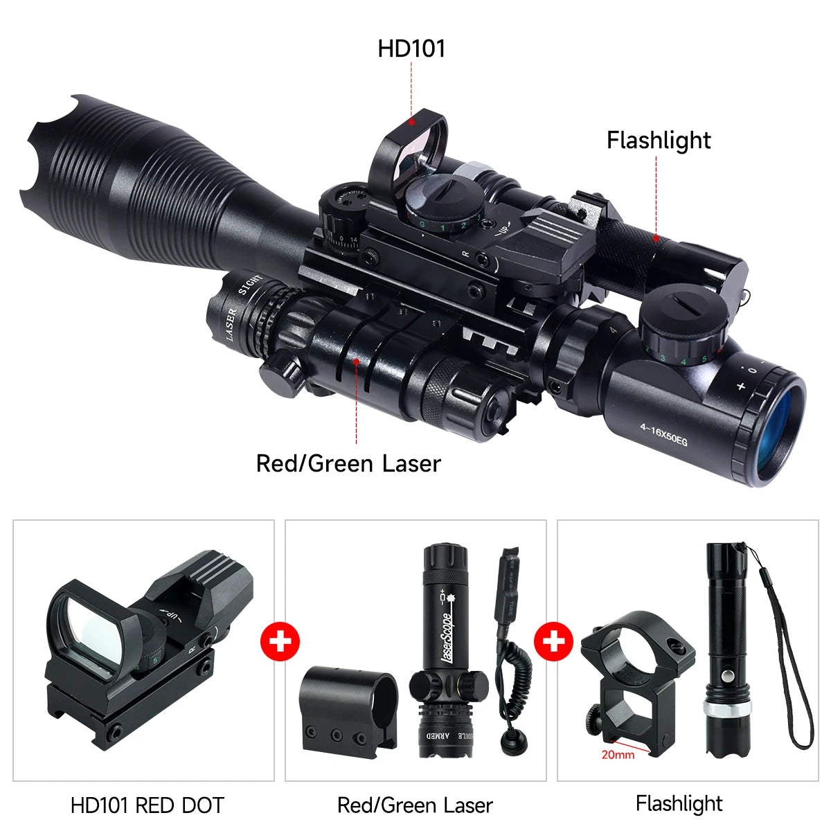 4-16X50EG Optics Rifle Scopes Adjustable Optic Combo Scope W/Red Dot Laser Flashlight Tactical Accessory Sniper Rifle Sight