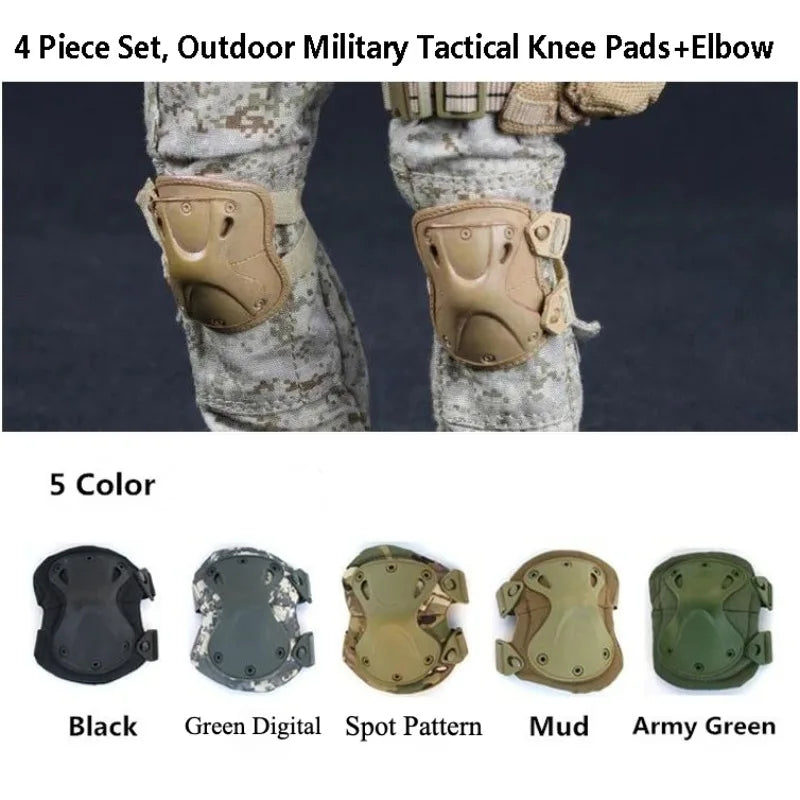 4 Piece Set, Outdoor Military Tactical Knee Pads+Elbow Brace Protector Suit Riding Mountaineering Knee Support CS Equipment