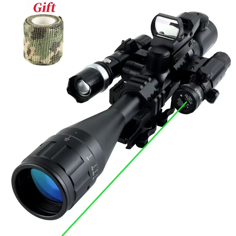 6-24x50 AOEG Scope Red Green Crosshair Optics Rangefinder with Holographic 4 Reticle Sight Red Dot Laser Combo Outdoor Hunting