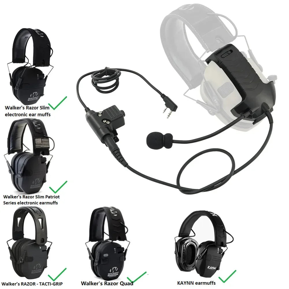 Tactical hearing protection headset adapter compatible with Walker's Razor Electronic Earmuff Includes microphone kit and U94PTT