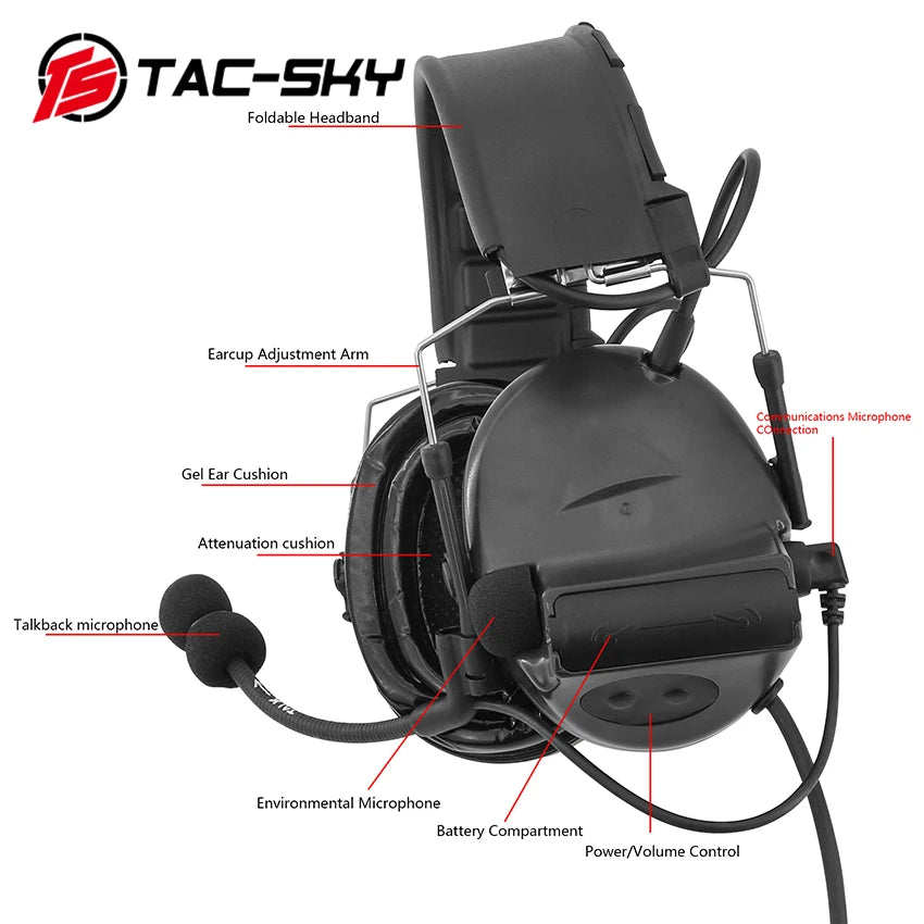TS TAC-SKY COMTA II C2 Silicone Earmuffs Hearing Protection Tactical Headset & U94 PTT Adapter for Kenwood Walkie Talkie