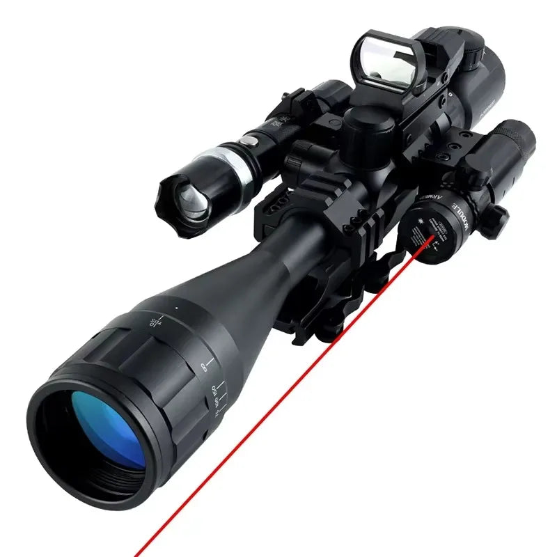 6-24x50 AOEG Scope Red Green Crosshair Optics Rangefinder with Holographic 4 Reticle Sight Red Dot Laser Combo Outdoor Hunting