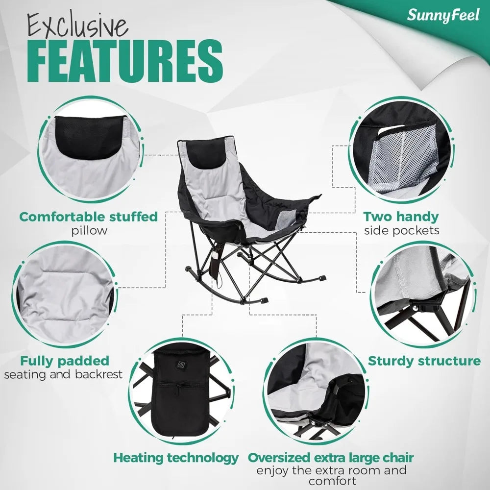 Oversized Heated Camping Chair 2 Pack, Folding Rocking Camping Chairs with Luxury Padded Recliner,Carry Bag, 500 LBS Heavy Duty