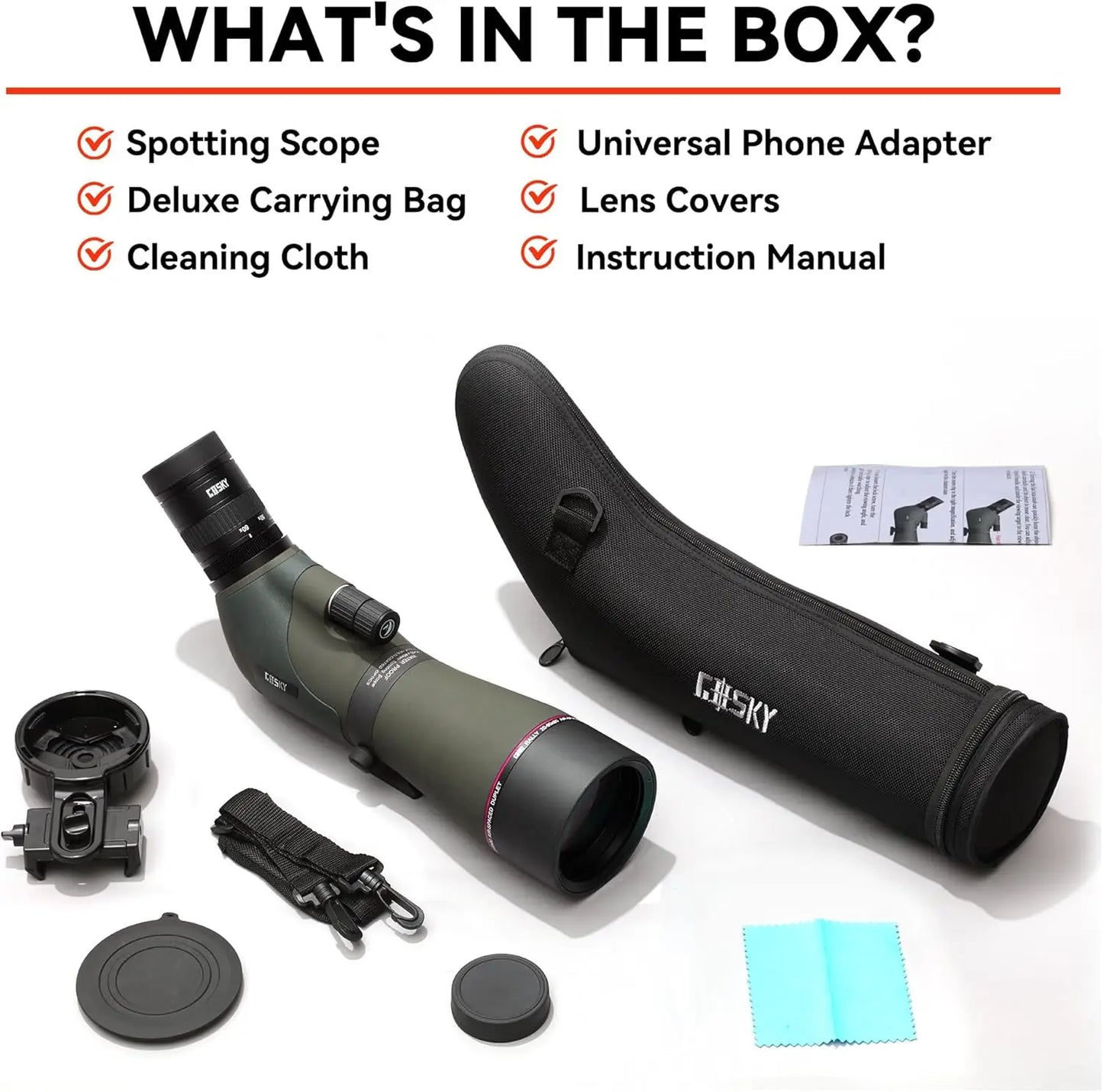 20-60x80 Spotting Scope with Phone Adapter, Dual Focusing Waterproof Spotting Scopes BAK4 FMC Spotter Scope with Carrying Case