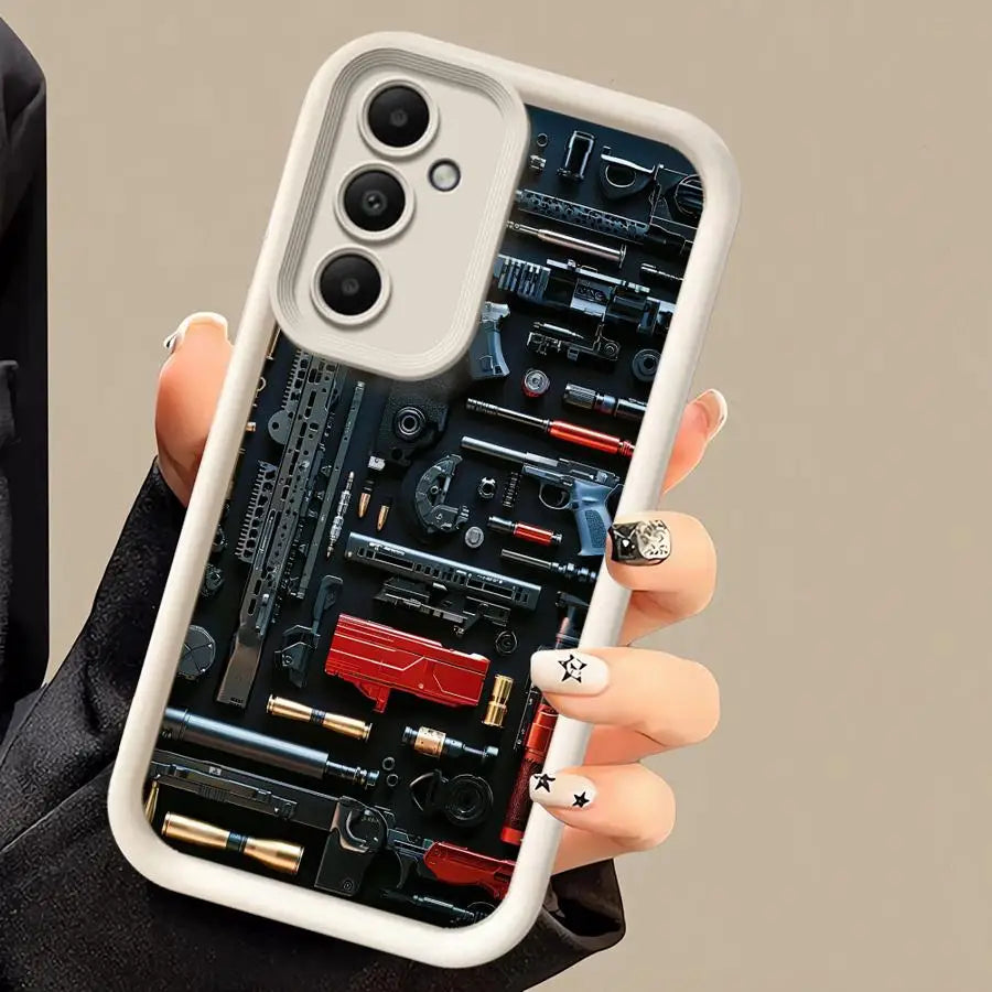 Phone Case for Samsung Galaxy A16 A34 A12 A14 A32 A23 A26 A56 A15 A51 A73 A53 A54 Soft Cover Shell Gun Arsenal