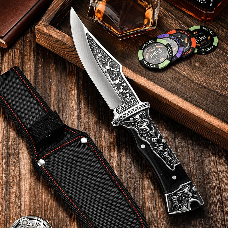 High Quality Steel Hunting Knife, Outdoor Survival Knife, Rubber Anti Slip Handle, Equipped with Leather Case