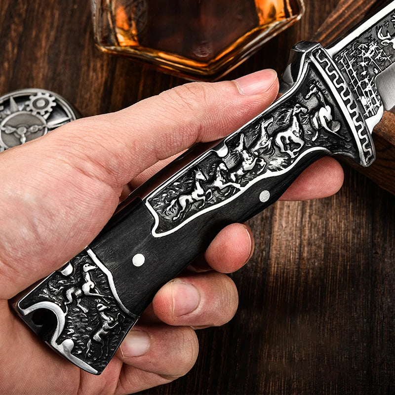 High Quality Steel Hunting Knife, Outdoor Survival Knife, Rubber Anti Slip Handle, Equipped with Leather Case