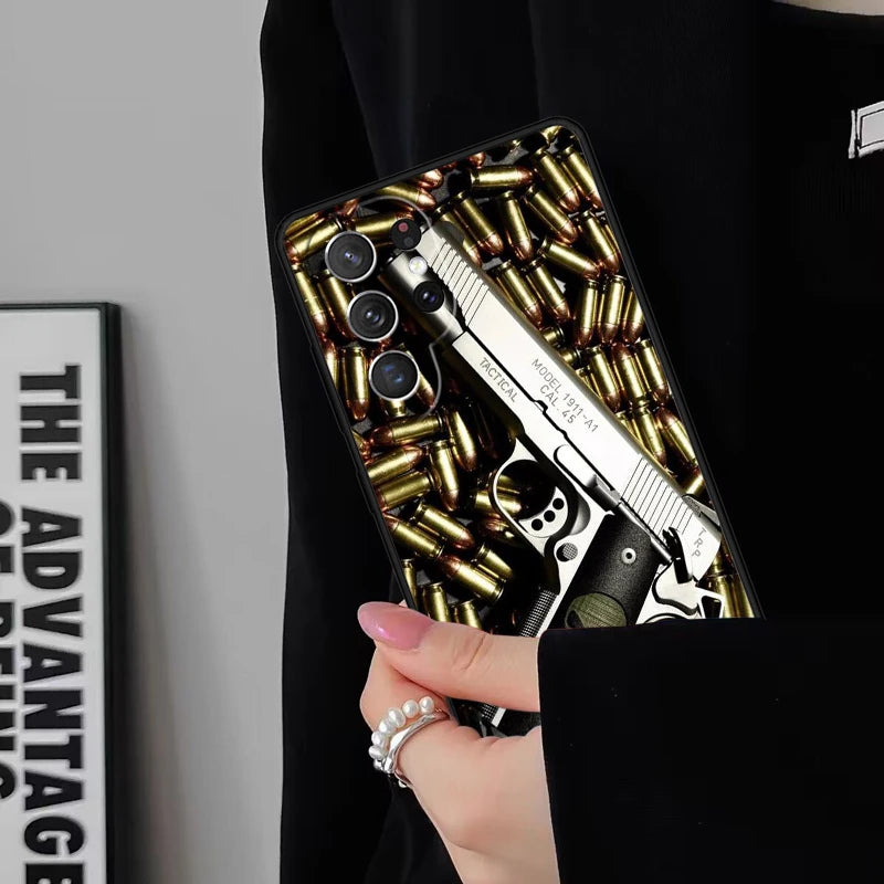Gun And Bullet Phone Case For Samsung Galaxy S25 S24FE S23 S22 S21FE S20 S10 Plus Ultra Note20 10Pro Soft Black Cover