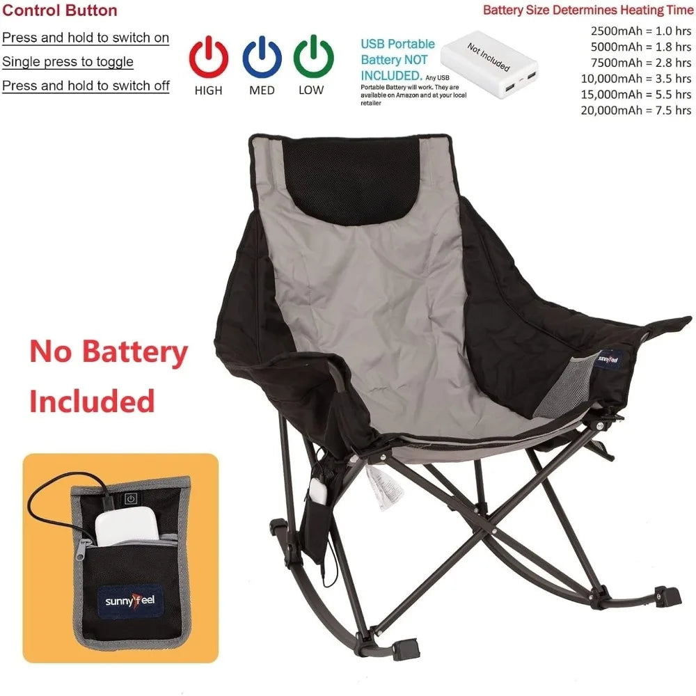 Oversized Heated Camping Chair 2 Pack, Folding Rocking Camping Chairs with Luxury Padded Recliner,Carry Bag, 500 LBS Heavy Duty