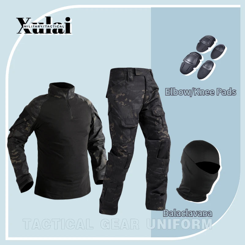 Black Multicam Camouflage Suit Tactical Shirt Combat Pants With Knee Pads Equipment  For Men Balaclava
