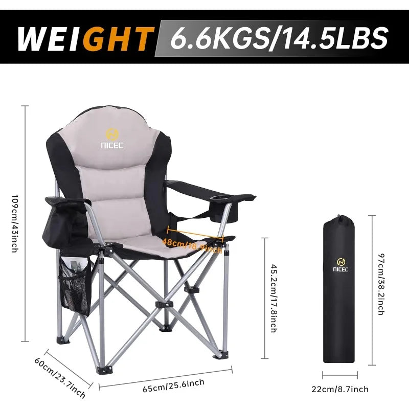 Outdoor Heated Chair, Heated Camping  , Folding Chair, Beach Chair, Wide&Thick Padding, Heavy Duty Cooler, Carry Bag