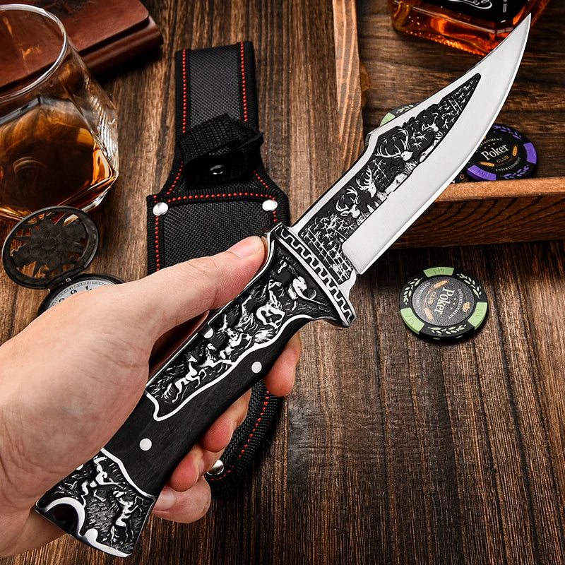High Quality Steel Hunting Knife, Outdoor Survival Knife, Rubber Anti Slip Handle, Equipped with Leather Case