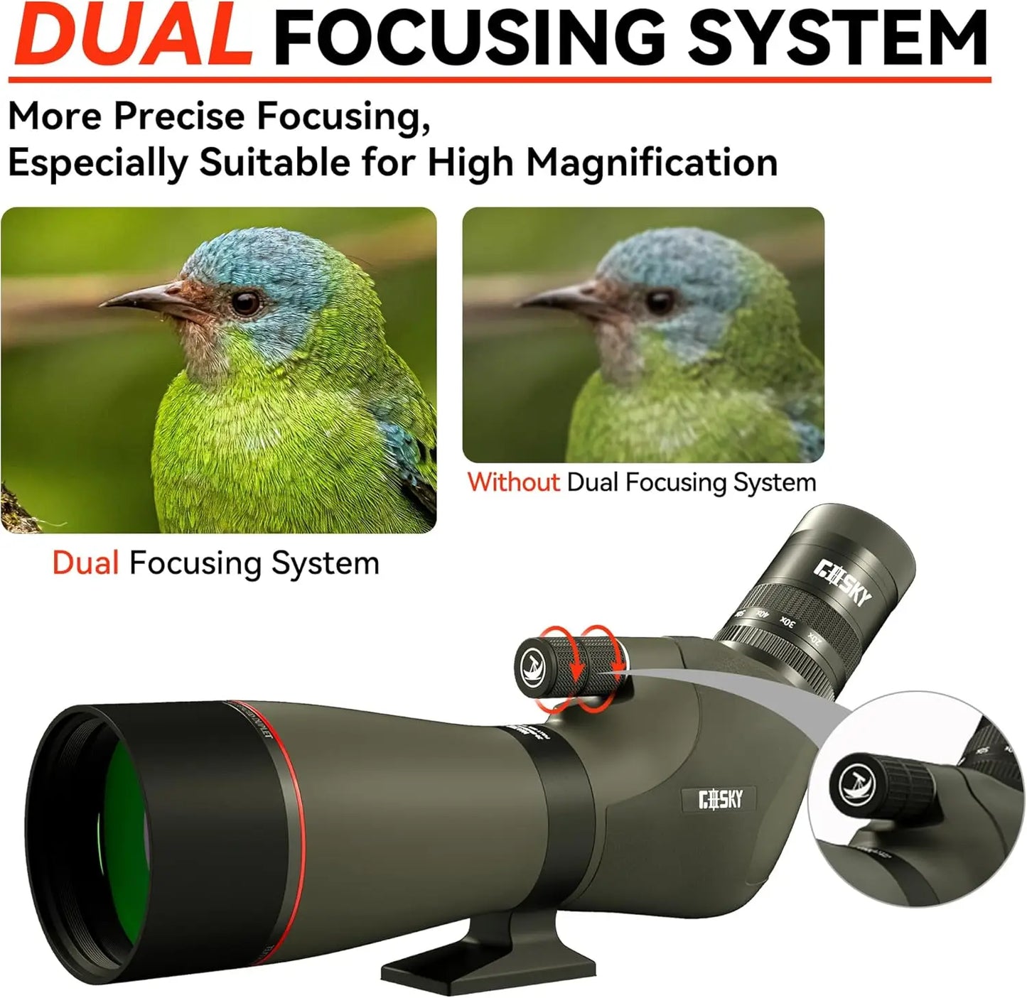 20-60x80 Spotting Scope with Phone Adapter, Dual Focusing Waterproof Spotting Scopes BAK4 FMC Spotter Scope with Carrying Case