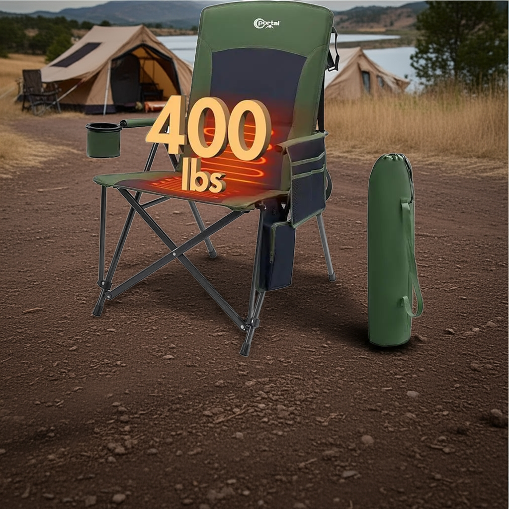 Heated Camping Chairs for Adults Outdoor Sports Folding Lawn Chair with High Back, Heavy Duty 400 Lbs, Battery Not Included