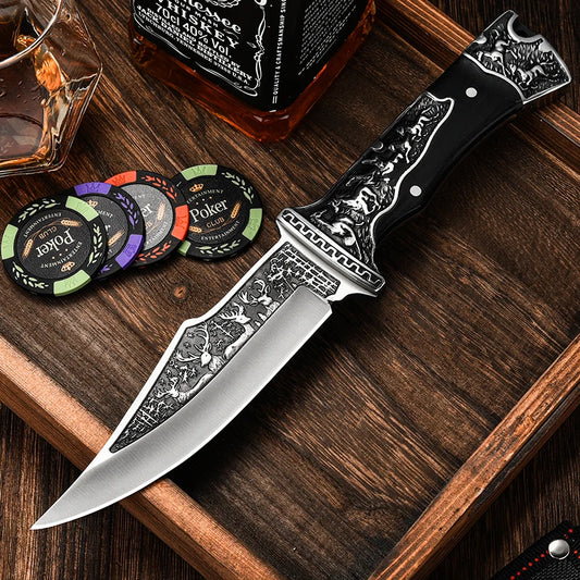 High Quality Steel Hunting Knife, Outdoor Survival Knife, Rubber Anti Slip Handle, Equipped with Leather Case
