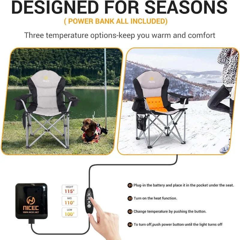 Outdoor Heated Chair, Heated Camping  , Folding Chair, Beach Chair, Wide&Thick Padding, Heavy Duty Cooler, Carry Bag
