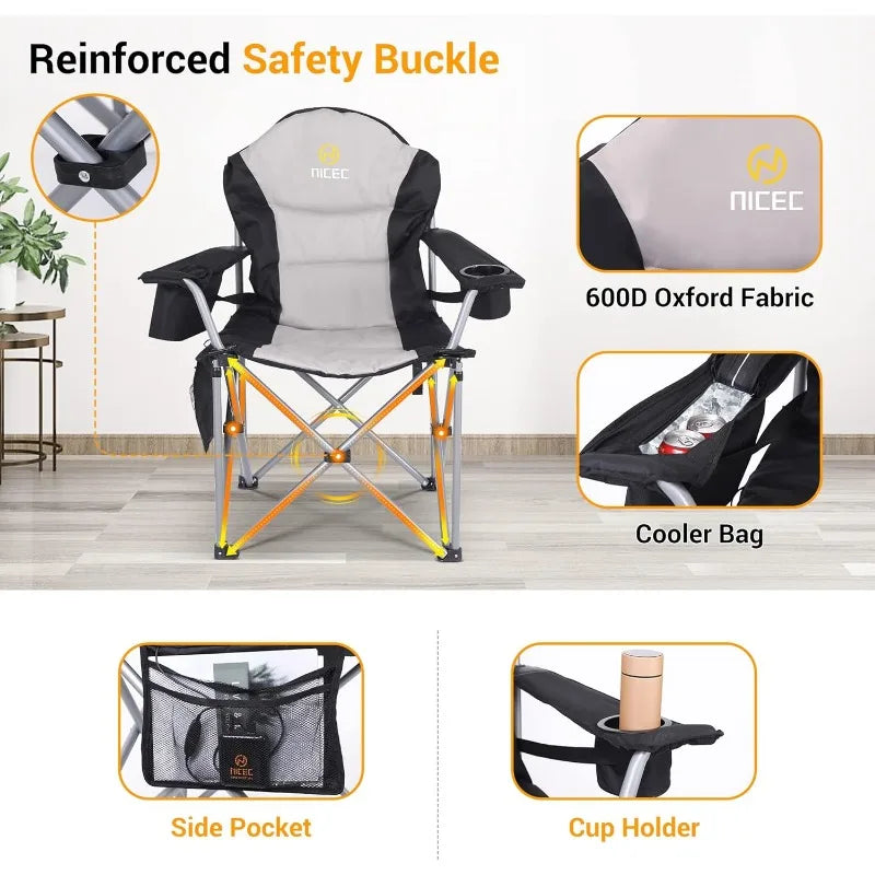 Outdoor Heated Chair, Heated Camping  , Folding Chair, Beach Chair, Wide&Thick Padding, Heavy Duty Cooler, Carry Bag