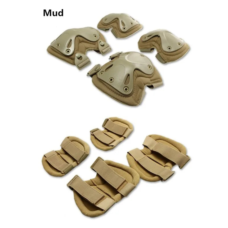 4 Piece Set, Outdoor Military Tactical Knee Pads+Elbow Brace Protector Suit Riding Mountaineering Knee Support CS Equipment