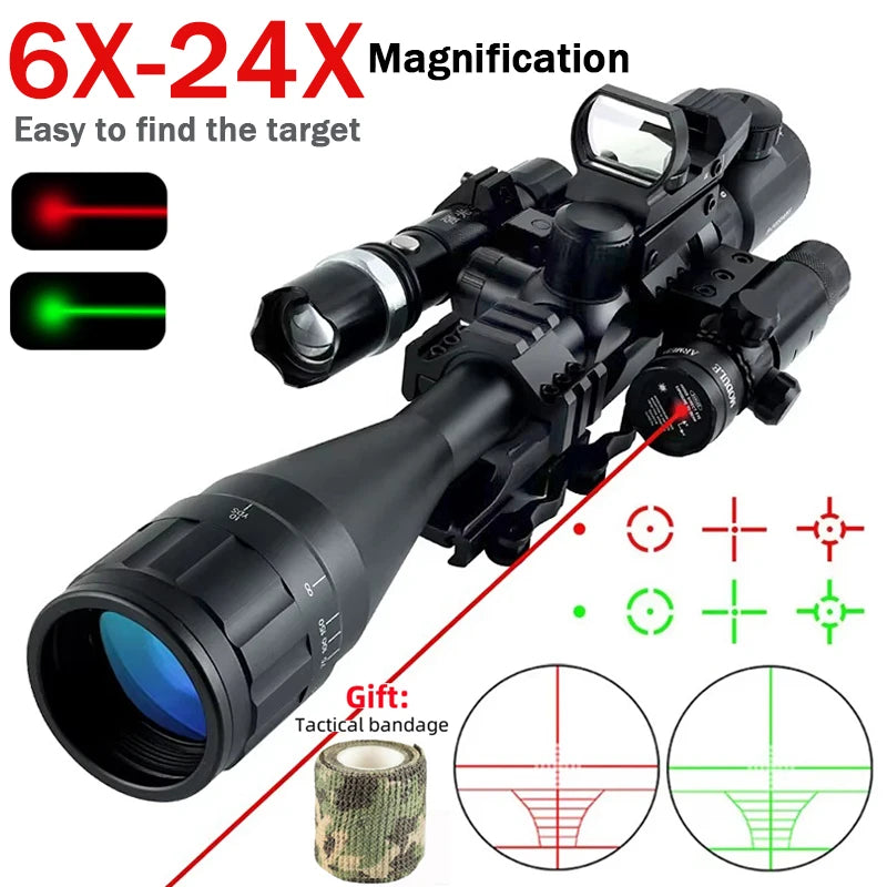 6-24x50 AOEG Scope Red Green Crosshair Optics Rangefinder with Holographic 4 Reticle Sight Red Dot Laser Combo Outdoor Hunting