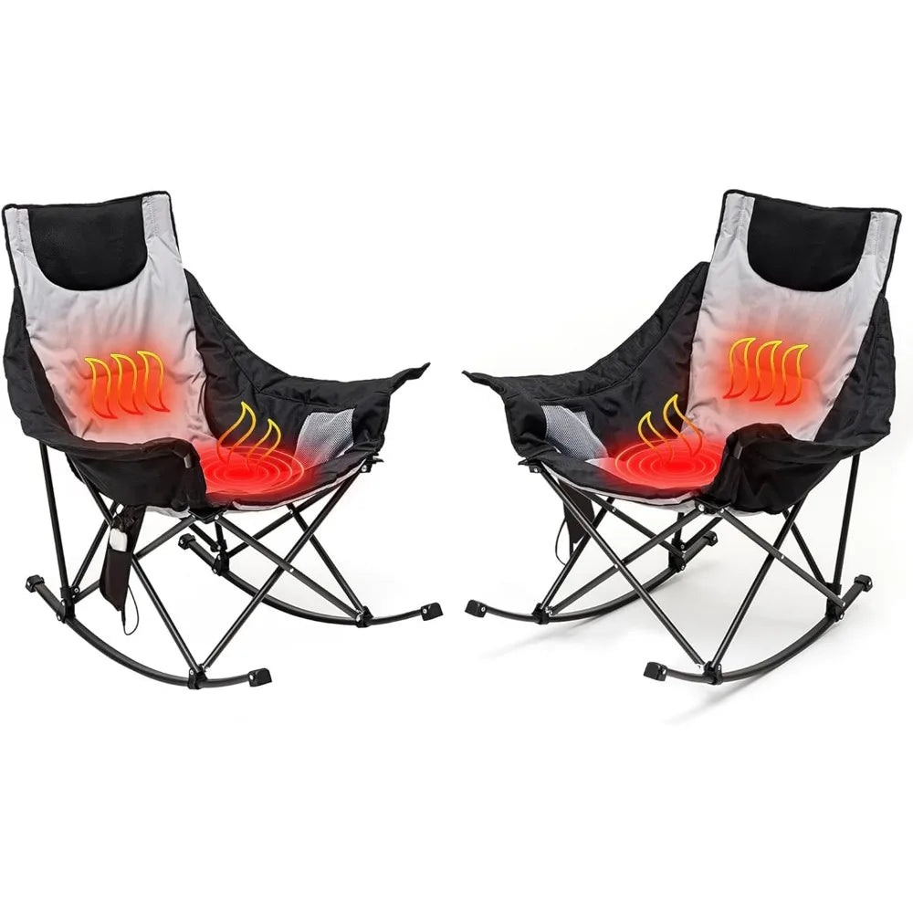 Oversized Heated Camping Chair 2 Pack, Folding Rocking Camping Chairs with Luxury Padded Recliner,Carry Bag, 500 LBS Heavy Duty