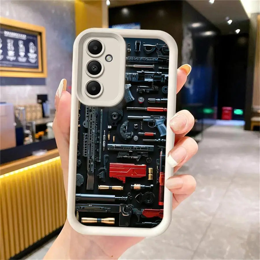 Phone Case for Samsung Galaxy A16 A34 A12 A14 A32 A23 A26 A56 A15 A51 A73 A53 A54 Soft Cover Shell Gun Arsenal